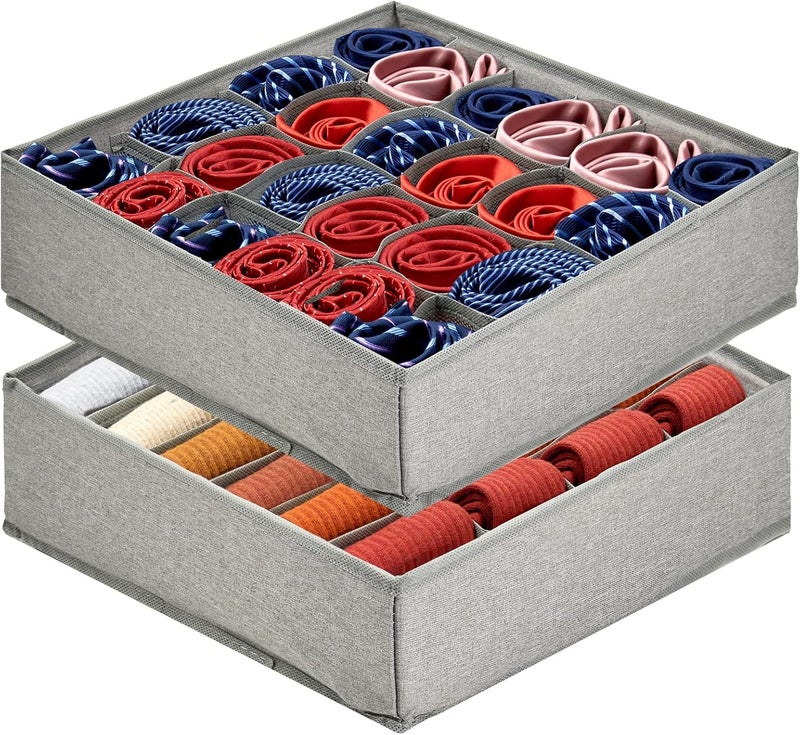 PINGMIC Gray Sock Organizer Divider 2 Pack - 24 Cell Foldable Closet Storage, Tie Organizer For Men Boxes for Socks, Ties, Belts - Image 1